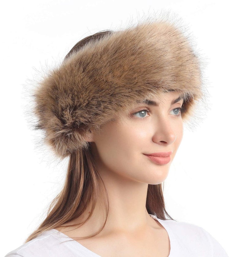 LA CARRIE Faux Fur Headband with Stretch Women's Winter Earwarmer Earmuff (Natural) - Image 3